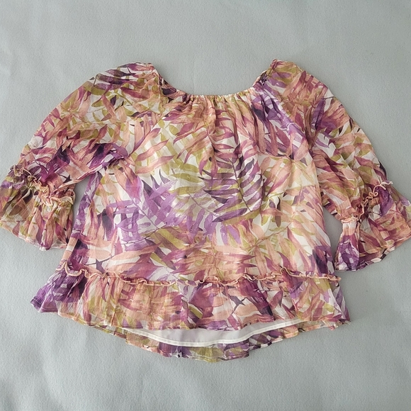 Lucky Brand Botanical Chiffon Blouse Women's Size L Tiered Sleeves & Hem Lined - Picture 9 of 11